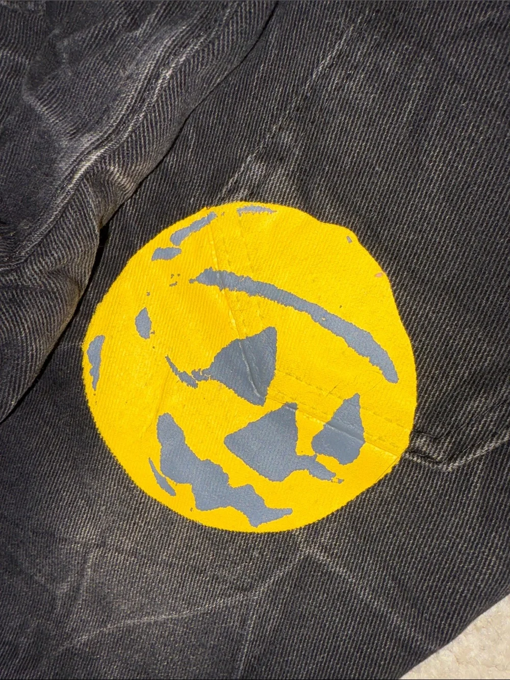 Kids Black Distressed Jeans with Yellow Pumpkin Graphic